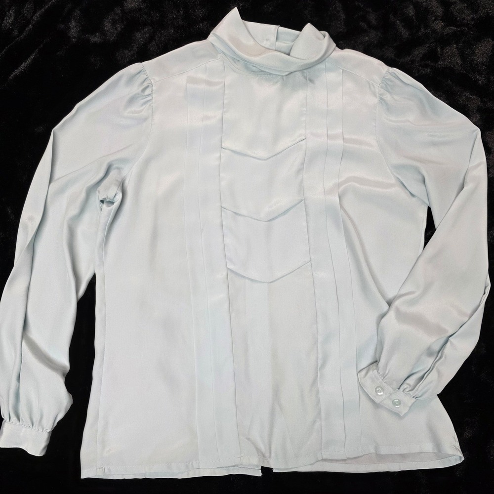 Career Guild Blouse Women 12 Light Blue Vintage Turtleneck Back Button 80s GUC